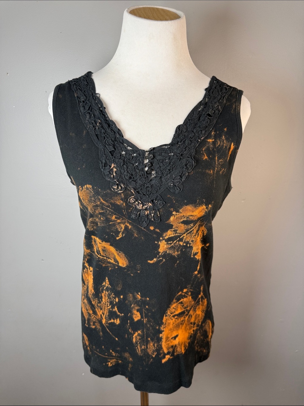 Black Tank Top with Orange Bleach Effect and Crochet V-Neck